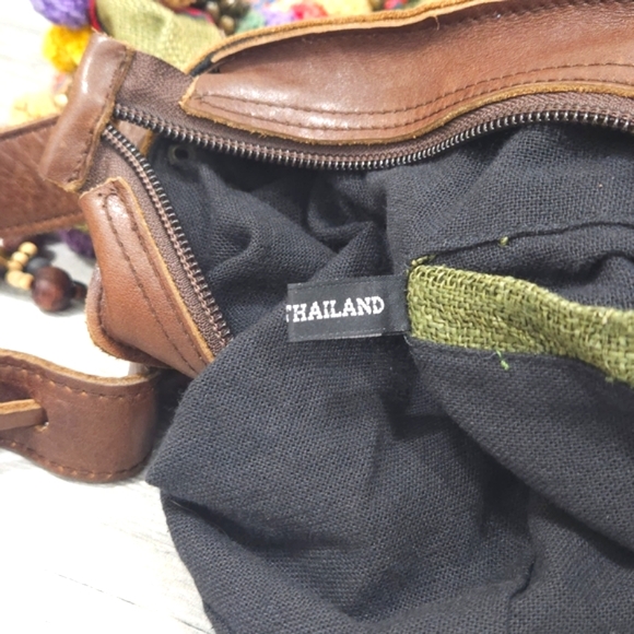 HANDMADE Boho/New Age Leather Linen Pom-Pom Bell Detail Crossbody Style Handbag - Picture 12 of 16